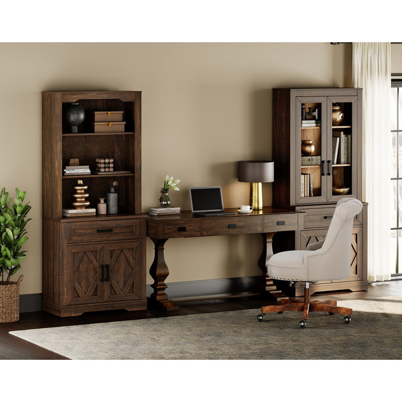 Modern Farmhouse Office Set, Vintage Desk & 73.3" Glass Door Bookcase – Premium Home Office Shelving Units With Power Hub, Espresso Brown