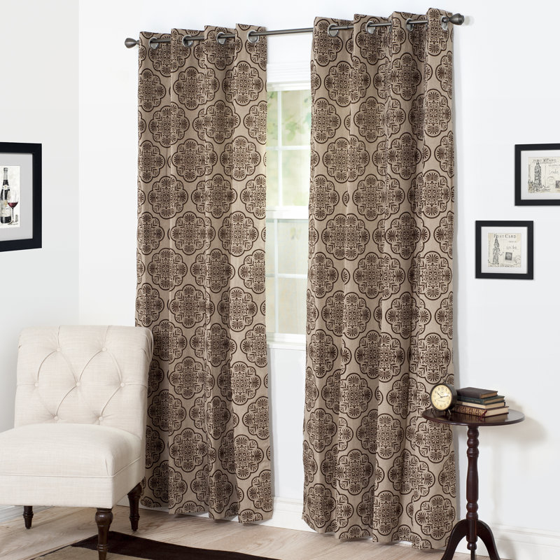 Panneau de rideau simple à oeillets semi-transparents avec oeillets floral damassé, Taupe, l 54 po x L 95 po