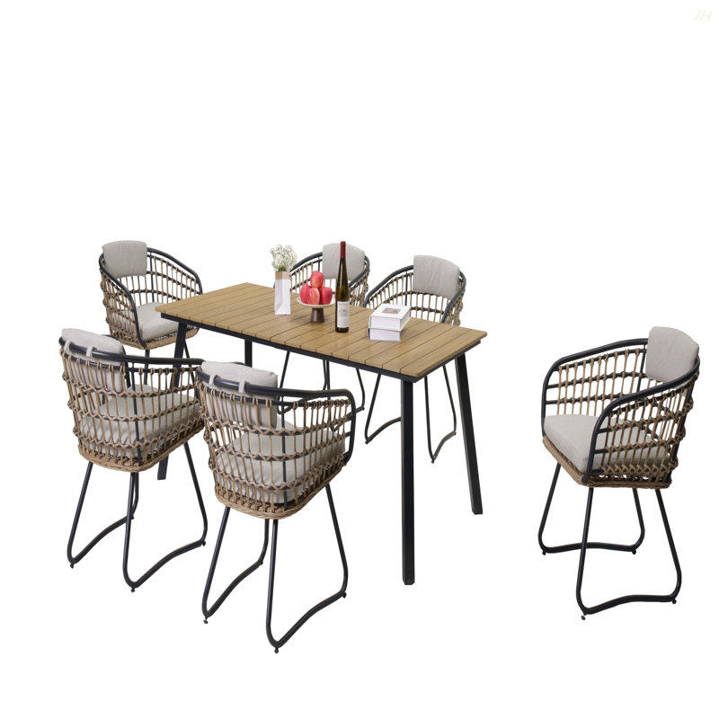 Ensemble repas 7 pièces en osier avec table en bois d'acacia