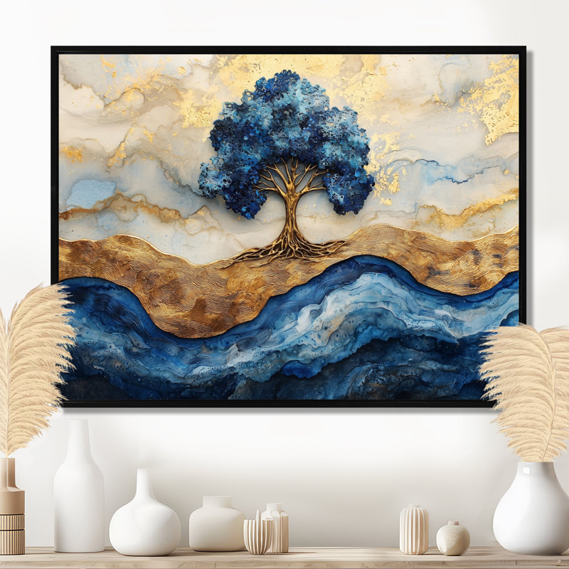 Aqua infini doré, arbre de vie I - art mural grand arbre de vie, H 16 po x l 32 po, Impression encadrée flottante