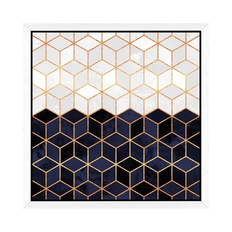 White And Navy Cubes - Floater Frame Print on Canvas, 45.72 cm H x 45.72 cm W, White Framed