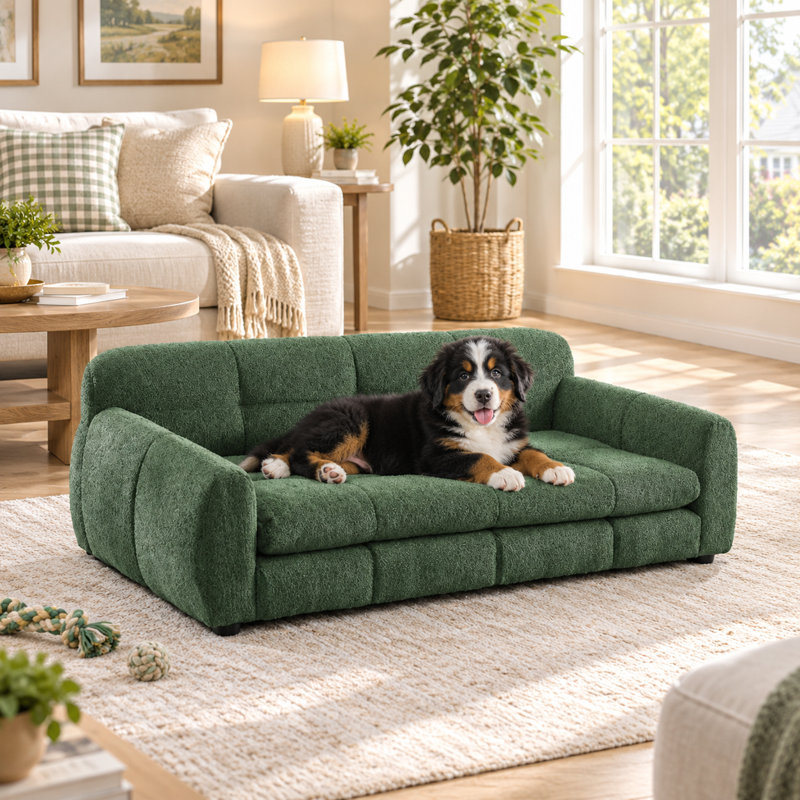 Grand lit pour chiens de grande taille et très grande taille, canapé surélevé avec accoudoirs et dossier, canapé en lin discret, lit pour chien de style mobilier moderne, vert olive