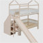 Lit superposé en bois en forme de maison avec glissade et escalier de rangement, cadre de lit simple / simple / double pour enfants, beige et blanc-129631730