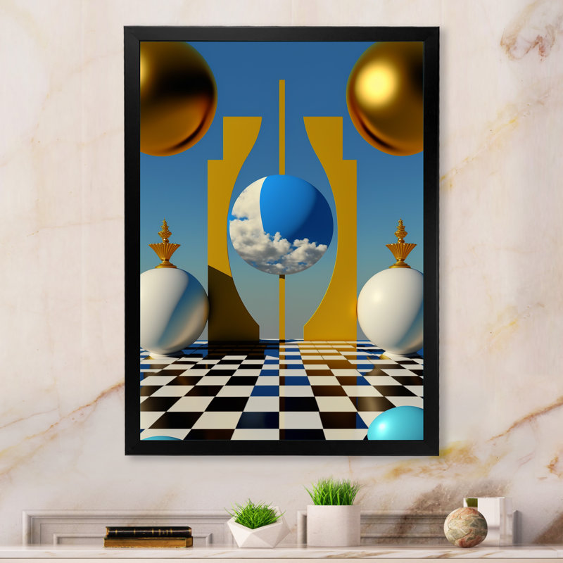 " Golden Spheres Infinity III ", Black Picture Framed Canvas, 20" H x 12" W x 1" D