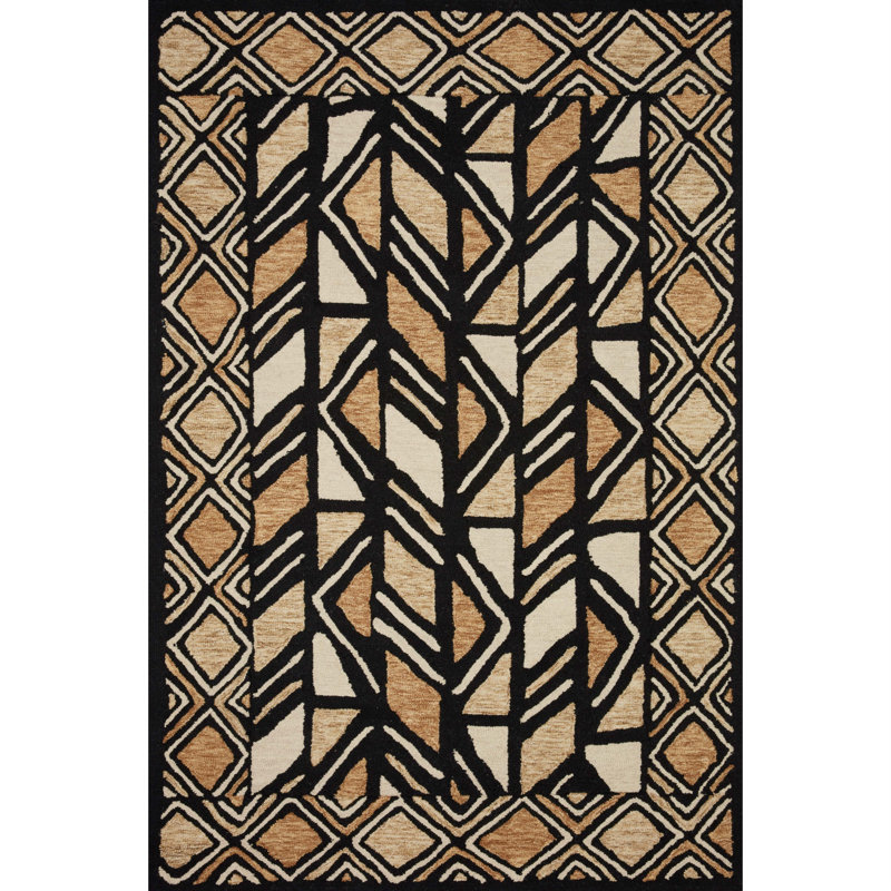Tapis noir / brun / crème en laine touffeté à la main Bremen, Rond 3 pi