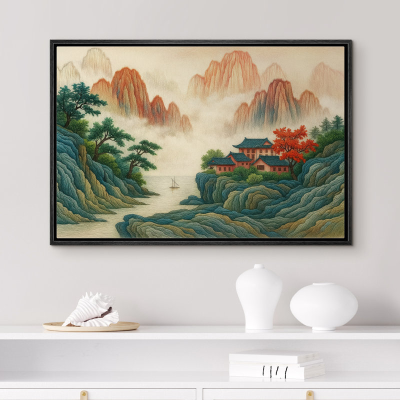 «Asian Mountain Village Lakeside Landscape Art», reproduction d'art sur toile encadrée dans la chambre principale, Noir