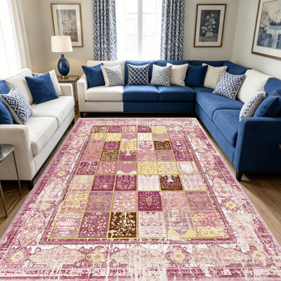 Tapis rose patchwork floral pour le salon, doux et confortable, convient à toutes les saisons, facile à entretenir, tapis de sol intérieur lavable à la machine, sous la table de ferme convenant à la chambre à coucher, à la salle à manger, au bureau, au patio, au balcon, à la décoration intérieure