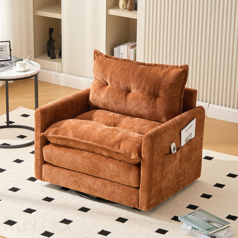 36.3" Chenille Rotatable Upholstered Sofa Chair With Side Pockets, Orange