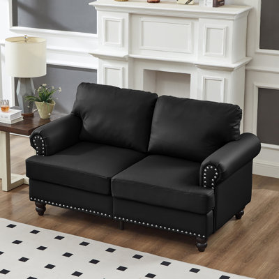 59,5 po Classic en cuir de vache noir, accoudoir rond cloué, structure en bois massif et contreplaqué, siège en éponge à ressorts, coussin amovible, compartiment de rangement du siège en cuir de vache rembourré moderne, accoudoir décoré de