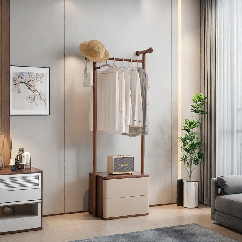 Black Walnut Coat Rack Dual Drawers, Griege