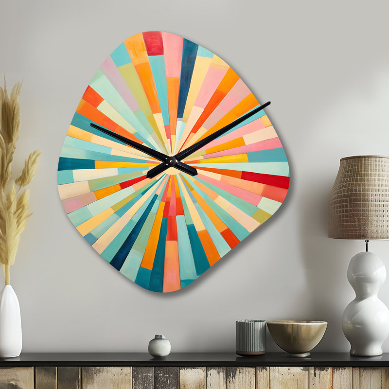 Colorful Mid Century Optical Serenade III - Midcentury Modern Irregular Shape Metal Wall Clock, Modern Asymmetrical Wall Clock Print