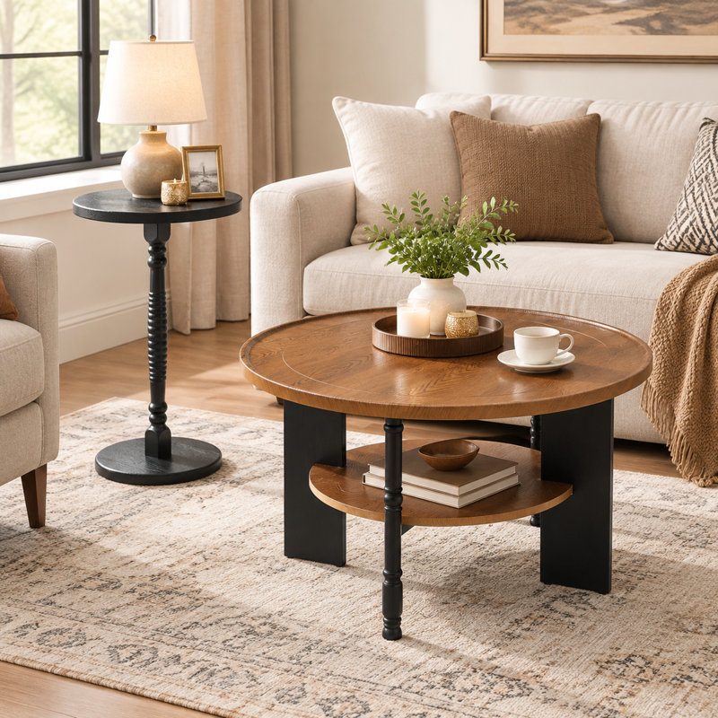 Ensemble de table basse ronde moderne de 80 cm avec table d'appoint et tablette de rangement