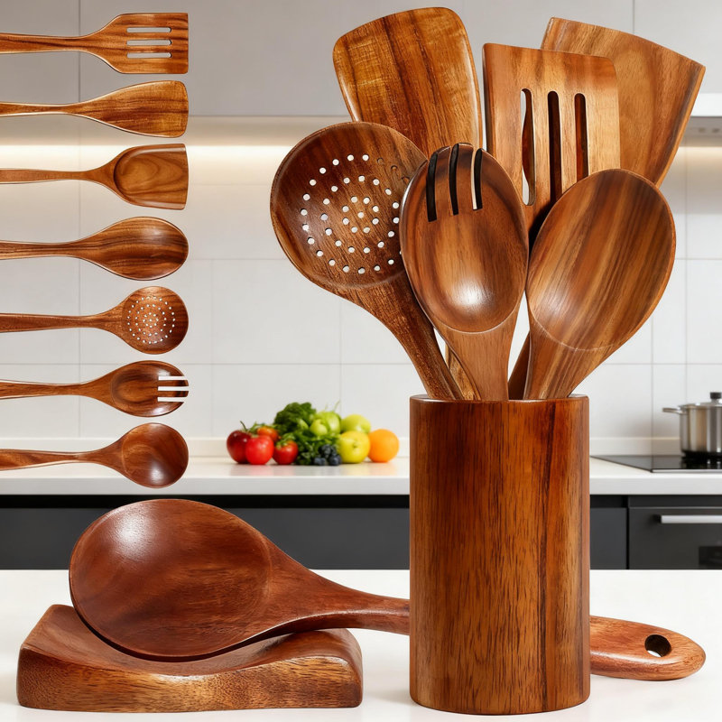 Ensemble d'ustensiles en bois de teck 9 pièces avec support et cuillère, cuillères et spatules en bois naturel pour la cuisine, ustensiles de cuisine anti-rayures