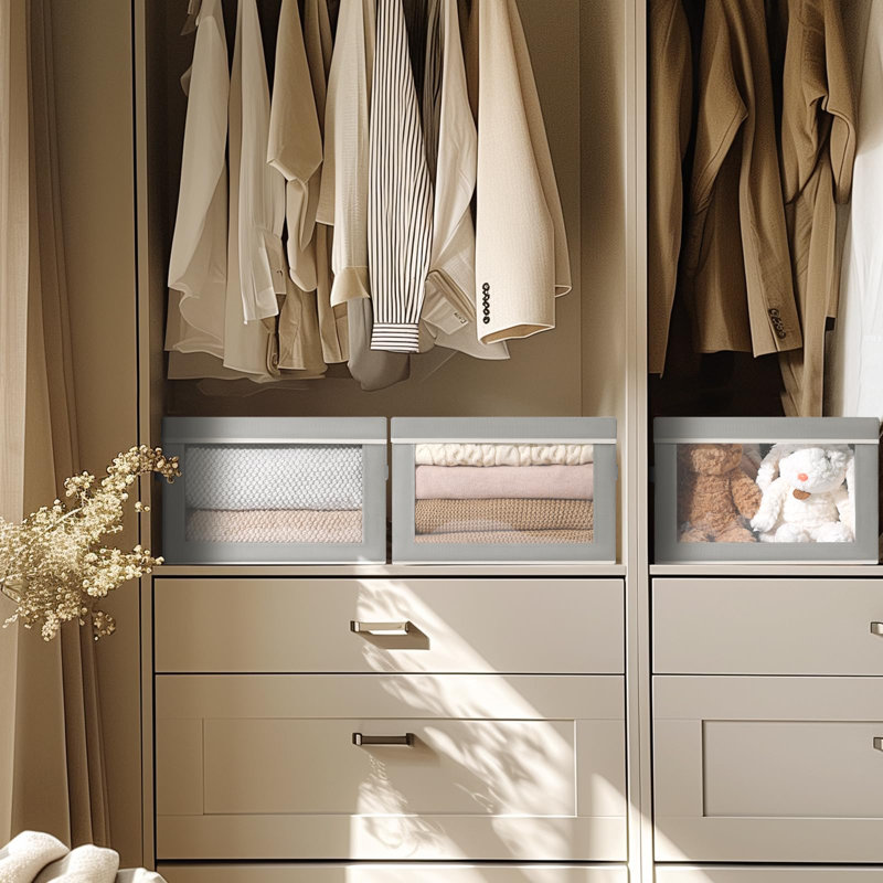 Bacs de rangement avec couvercles - paniers de rangement en tissu avec fenêtre, paniers pliables pour tablettes, paquet de 4, boîtes décoratives pour la maison, placard, bureau, gris