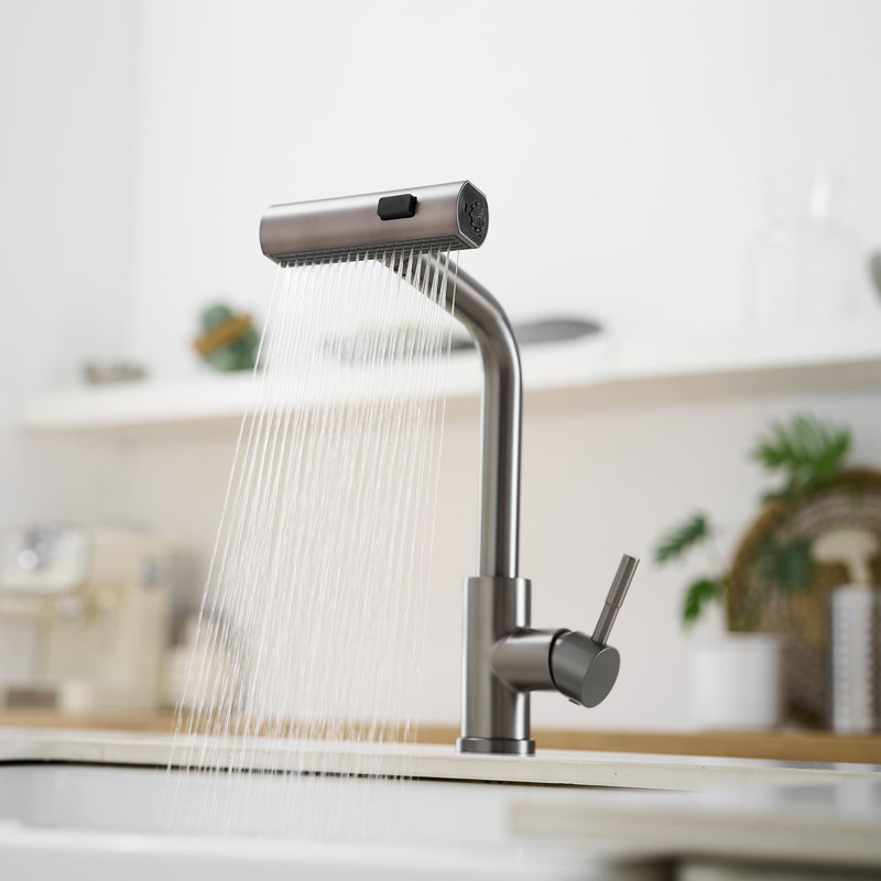 Single Hole Pull Out Kitchen Faucet With Swivel Spout Single Handle Kitchen Sink Faucets Modern Stainless Steel Kitchen Basin Taps With Valve