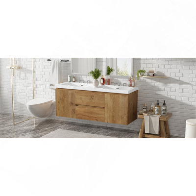 Meuble-lavabo double 59,3 po avec comptoir en SMC, armoire en panneau de fibres à densité moyenne, portes à fermeture en douceur, tiroirs divisés et meuble-lavabo mural moderne pour les grandes salles de bain