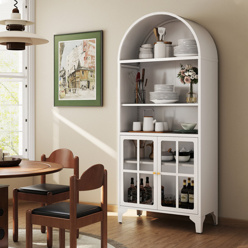 73.6" Arched Metal Storage Display Cabinet with Adjustable Shelves and Glass Doors, White
