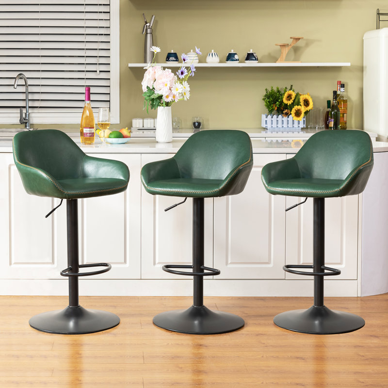 Mid-Century Modern Leatherette Gaslift Adjustable Swivel Bar Stool, Green