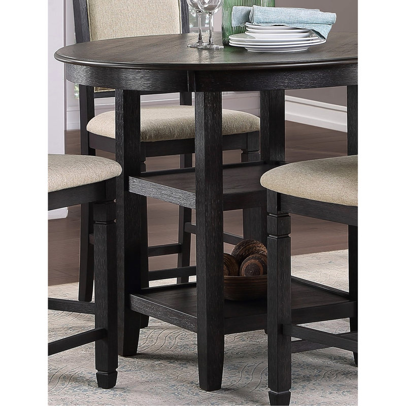 Table transitionnelle brune et noire à hauteur de comptoir, tablettes de présentation, salle à manger, 4 tables avec design et finition, 4 en bois