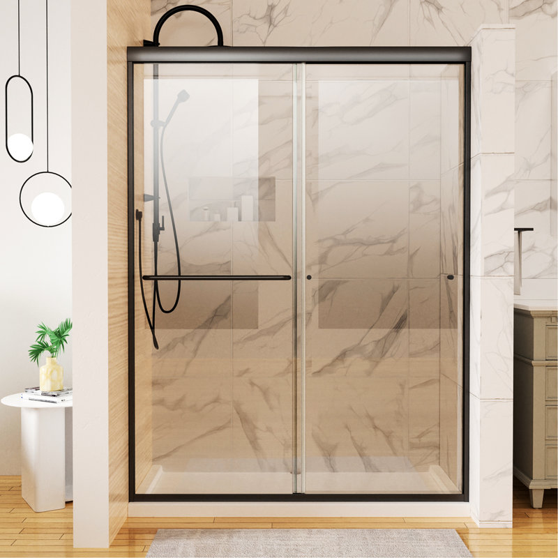 Porte de douche coulissante noire matte avec verre transparent et structure stable 54 "x 72" Base à panneaux transparents