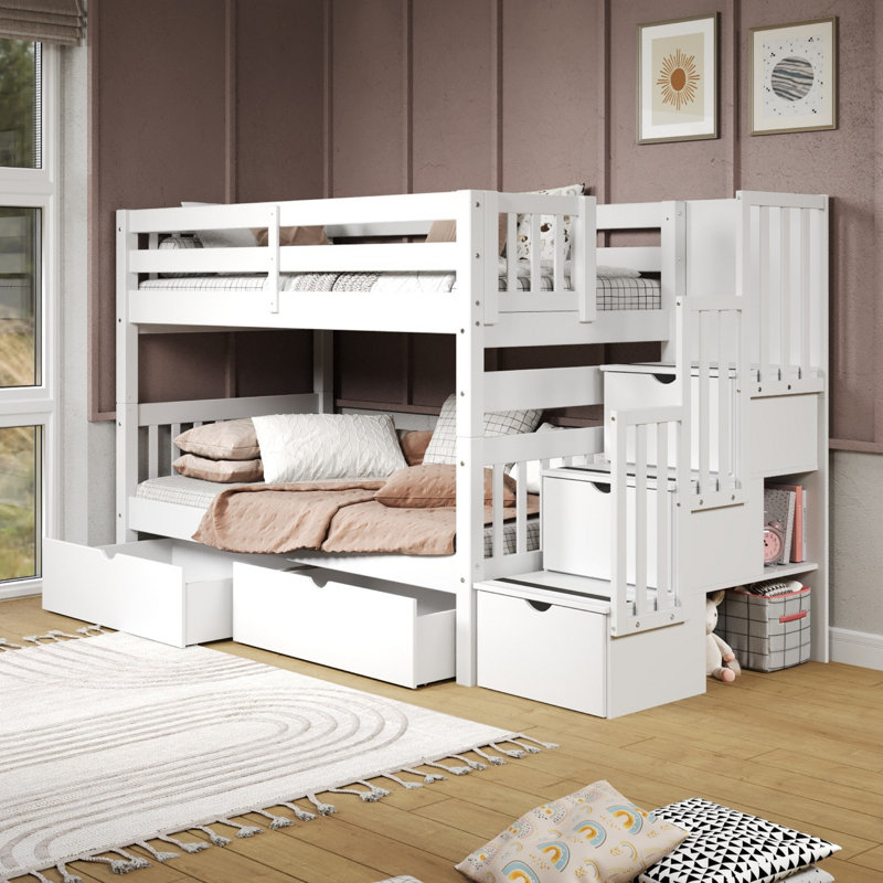 Tena Twin over Twin Solid Wood Standard Bunk Bed with a 3 Step Stairway, 3 Built-In Drawers and 2 Under Bed Drawers, White