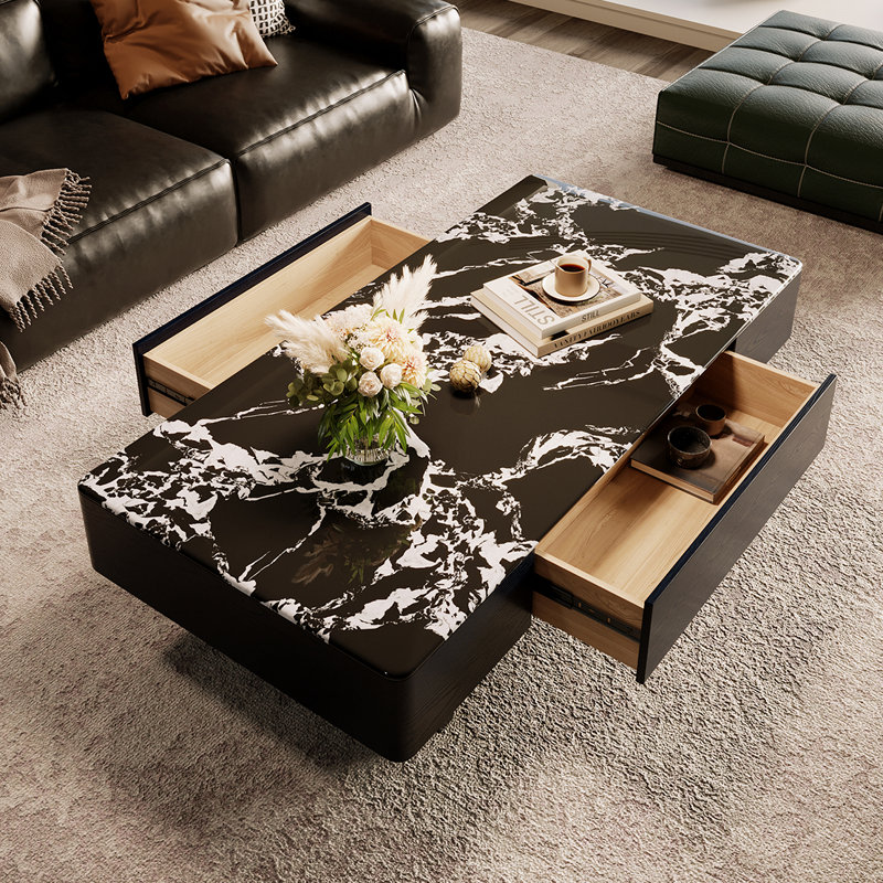 Table basse luxueuse en pierre micro-cristalline, Noir, H 13,8 po x L 59,1 po x l 29,5 po