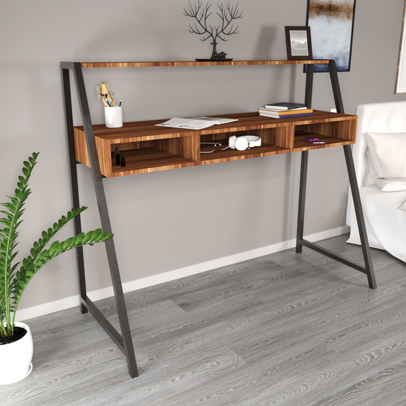 Aliona Metal Base Writing Desk, Brown/Walnut