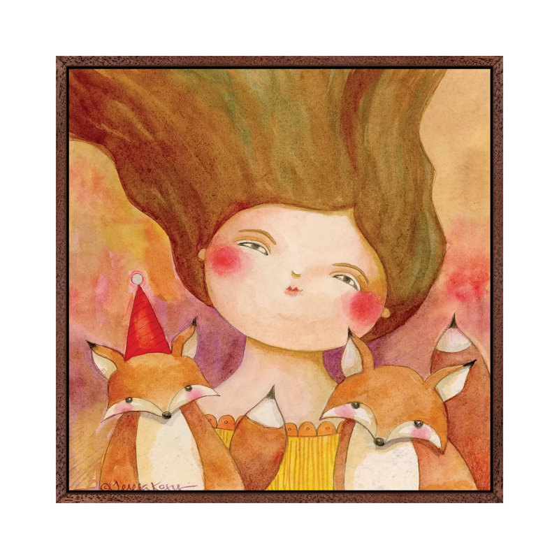 My Two Foxes by Teresa Kogut - Painting on Canvas, Classic Brown Wood Floater Framed, 66.04cm H x 66.04cm W x 3.81cm D