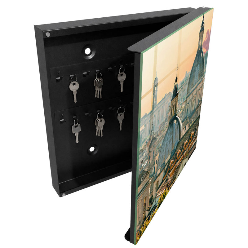 Key box, Opens to the left, 30x30x5, White, Domes against the city background in warm colors, 