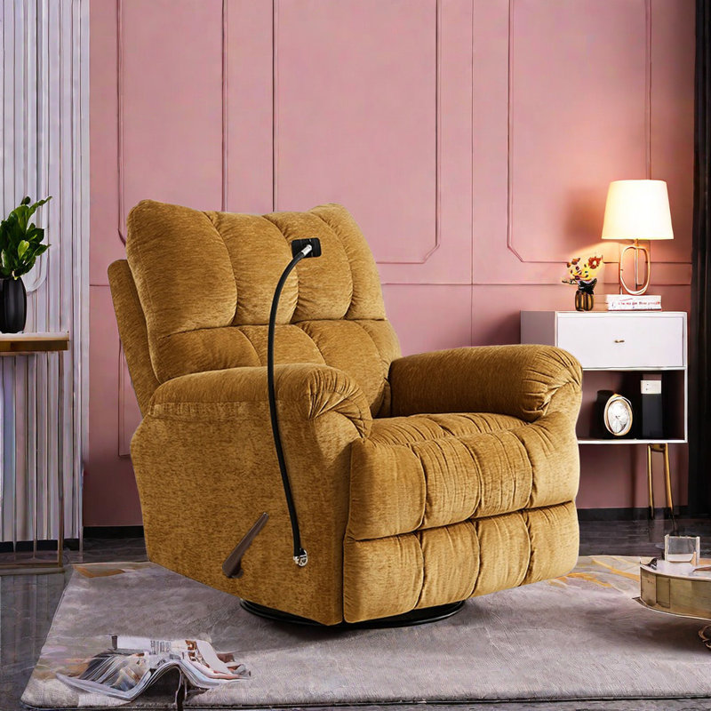 360° Swivel Recliner With Phone Holder Upholstered Swivel Recliner, Yellow