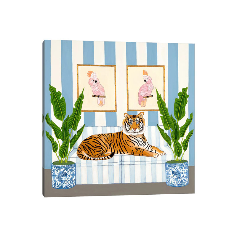 Chinoiserie Tiger With Ginger Jars And Pink Cockatoos - Wall Art Print - Wrapped Canvas