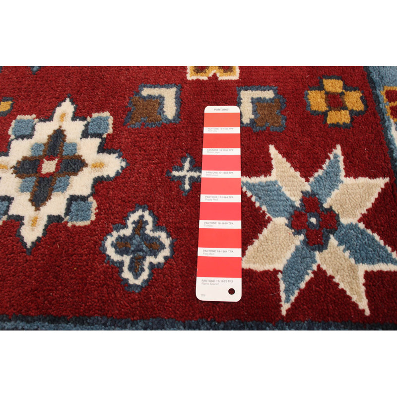 Tapis oriental rouge foncé / ivoire / bleu en laine noué à la main Haruhi, Rectangle 5 pi x 8 pi