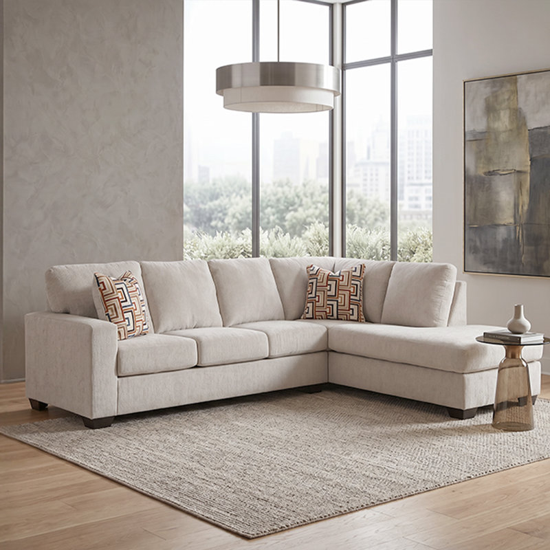 Canapé modulaire 2 pièces avec méridienne Kleban, Polyester blanc, Orienté à droite