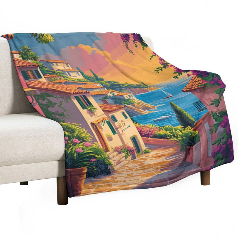 Jeté en flanelle Coastal Village Sunset Ocean View, 50 x 60 po