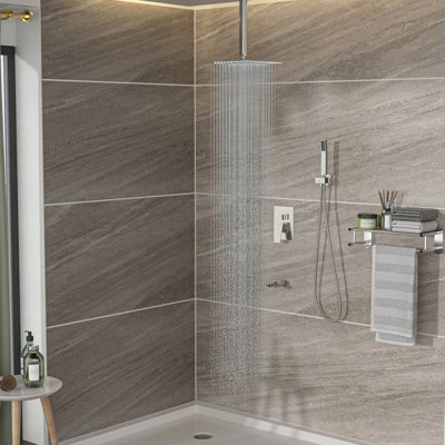 Shower System With Waterfall Tub Spout - 12 Inch Ceiling Mount Square Brushed Nickel 3 Function, Rainfall & Handheld Valve Quick And Convenient Installation Clean