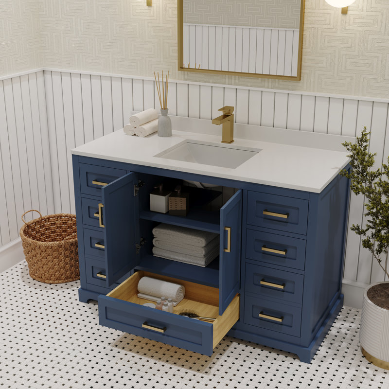 Maya 48'' Single Bathroom Vanity with White Quartz Top, Blue, Brushed Gold
