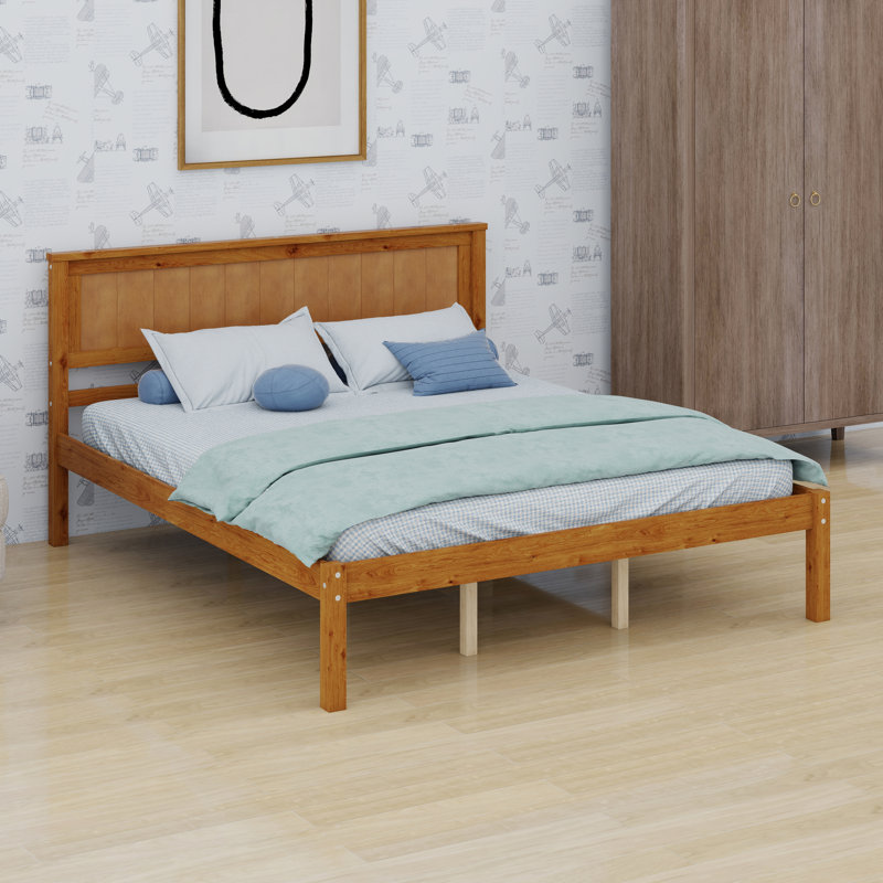 Lit plateforme robuste avec tête de lit et support en lattes de bois, Grand lit
