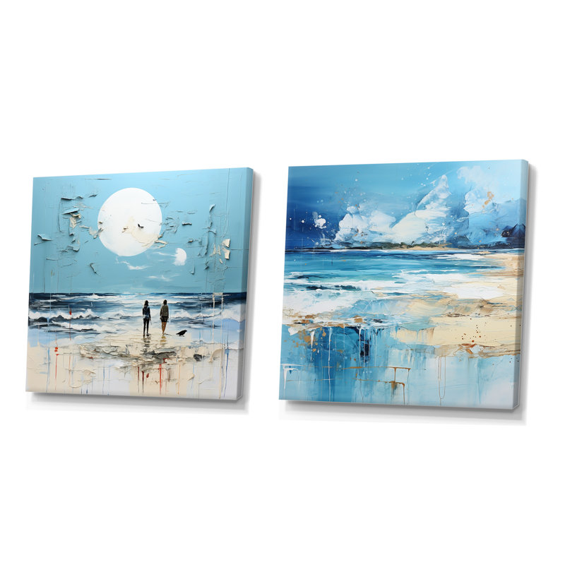 «Blue and Beige Tranquility Beach I - Coastal Minimalisme», ensemble de 2 reproductions d'art sur toile, Toile tendue