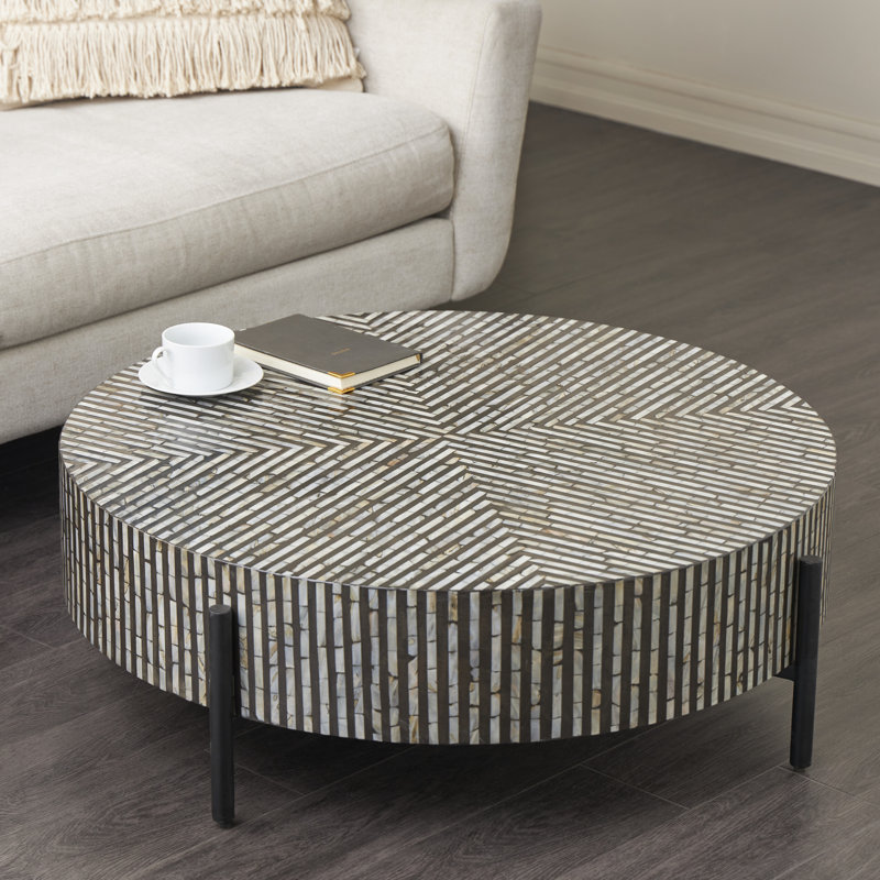 Maly Round Mother of Pearl Coffee Table, Black/White Top/Black Base