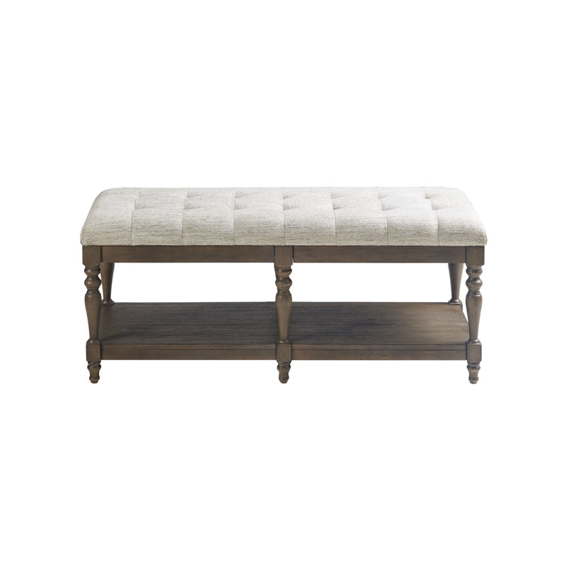 Elegant Ivory Tufted Accent Bench with Turned Legs and Shelf
