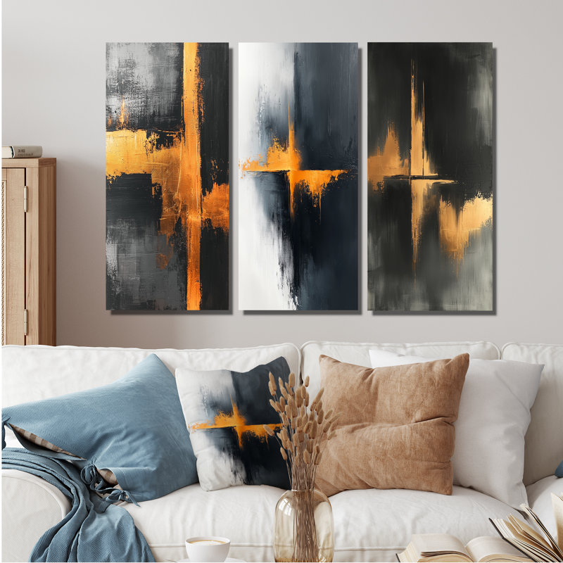 «Black and Gold Converge Dream I» - Collection de 3 panneaux sur toile de minimalisme, Toile tendue, Ne s’applique pas