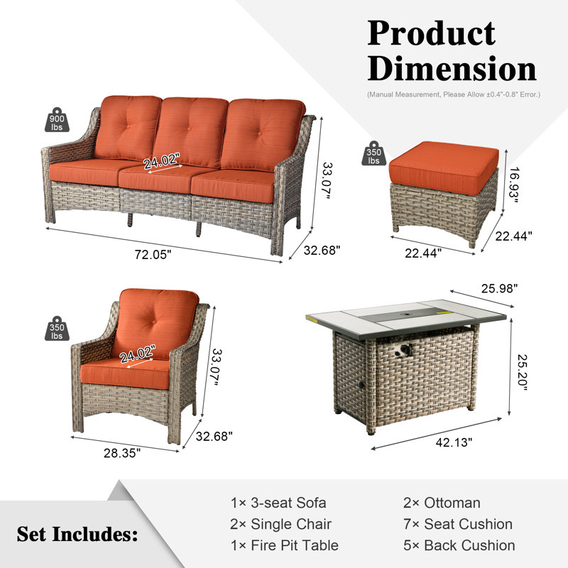 Ensemble de conversation d'extérieur pour 5 personnes avec coussins Luebbert, 20 cm H x 30 cm L, Orange