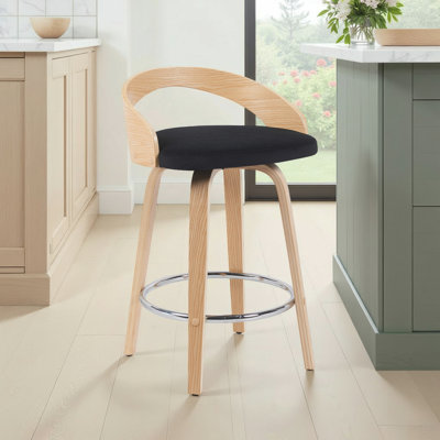 Tabouret de bar ou de comptoir pivotant moderne Maxime avec siège rembourré et dossier en bois courbé