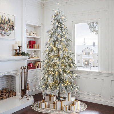 6.5Ft Pre-Lit Snowy Branches Slim Artificial Cedar Christmas Tree with Stand