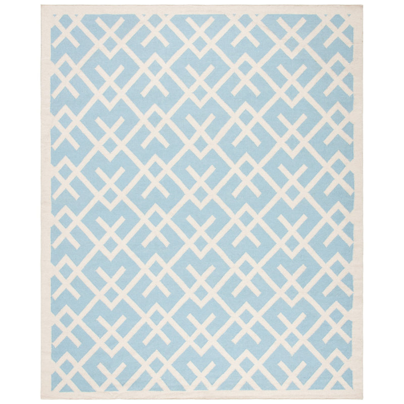 Fung Hand Woven Flat Weave Wool/Cotton Geometric Rug in Light Blue/Ivory, Rectangle 10' x 14'