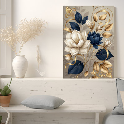 Art sur toile blanc et bleu marine avec fleurs de magnolia avec vignes dorées