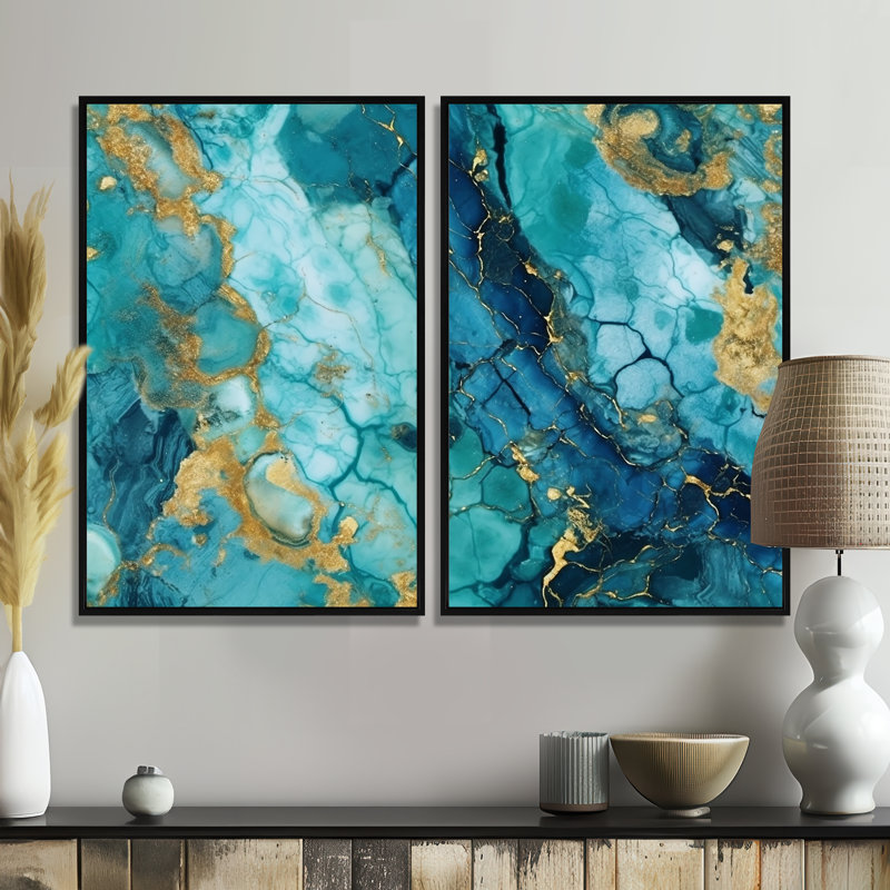 Turquoise luxueux, art fluide abstrait VII - art mural abstrait 2 panneaux, H 36 po x l 48 po, Impression encadrée flottante