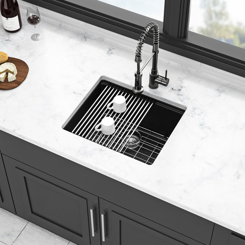 Évier de cuisine noir encastré de 21 po x 18 po, composite de quartz de qualité supérieure, épais et silencieux avec élimination des vibrations, surface dure non égratignée, coins arrondis pour un nettoyage facile,