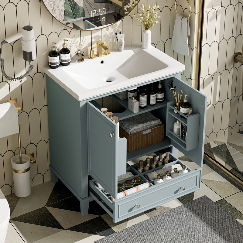 Meuble-lavabo multifonctionnel avec portes et tiroir, Vert