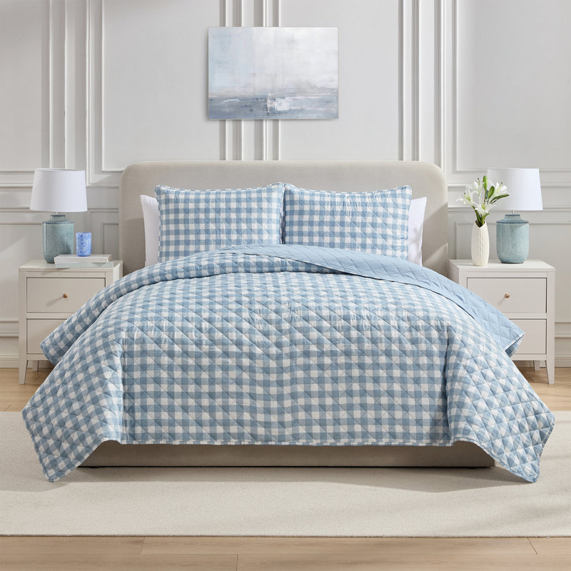 VCNY Home Gingham Microfiber Quilt Set, Queen Quilt + 2 Standard Shams, Blue